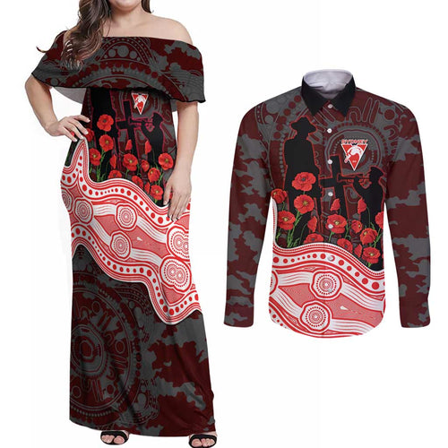 Sydney Swans ANZAC Day Couples Matching Off Shoulder Maxi Dress and Long Sleeve Button Shirt Indigenous Dot Art with Poppy Flower Tribute