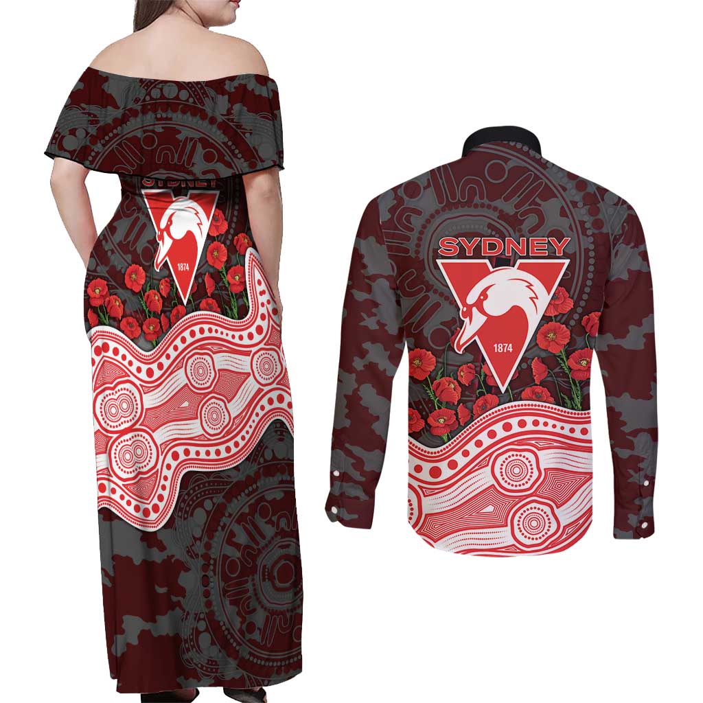 Sydney Swans ANZAC Day Couples Matching Off Shoulder Maxi Dress and Long Sleeve Button Shirt Indigenous Dot Art with Poppy Flower Tribute