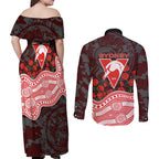 Sydney Swans ANZAC Day Couples Matching Off Shoulder Maxi Dress and Long Sleeve Button Shirt Indigenous Dot Art with Poppy Flower Tribute