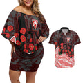Sydney Swans ANZAC Day Couples Matching Off Shoulder Short Dress and Hawaiian Shirt Indigenous Dot Art with Poppy Flower Tribute