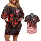 Sydney Swans ANZAC Day Couples Matching Off Shoulder Short Dress and Hawaiian Shirt Indigenous Dot Art with Poppy Flower Tribute