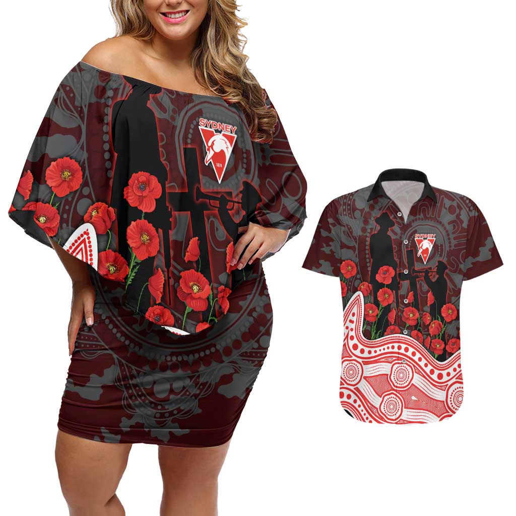 Sydney Swans ANZAC Day Couples Matching Off Shoulder Short Dress and Hawaiian Shirt Indigenous Dot Art with Poppy Flower Tribute