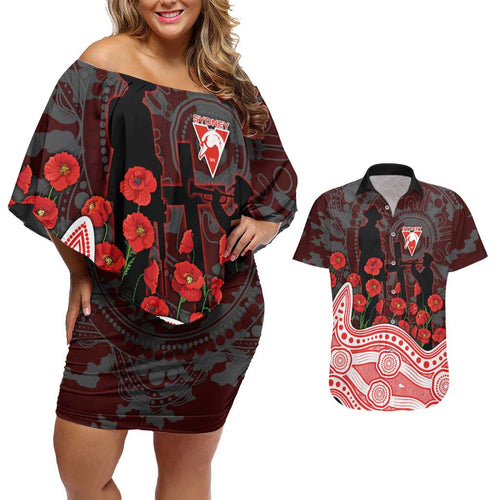 Sydney Swans ANZAC Day Couples Matching Off Shoulder Short Dress and Hawaiian Shirt Indigenous Dot Art with Poppy Flower Tribute