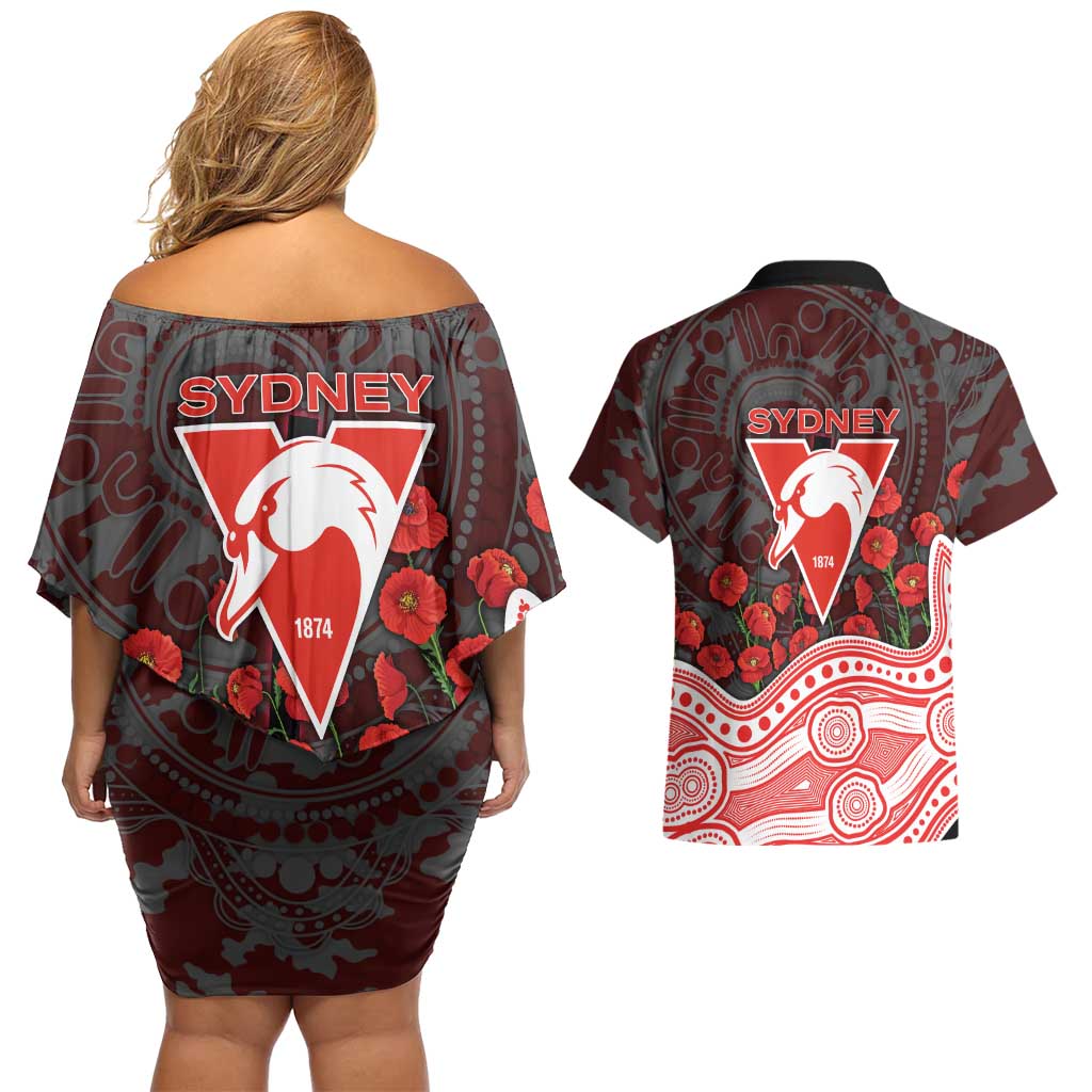 Sydney Swans ANZAC Day Couples Matching Off Shoulder Short Dress and Hawaiian Shirt Indigenous Dot Art with Poppy Flower Tribute
