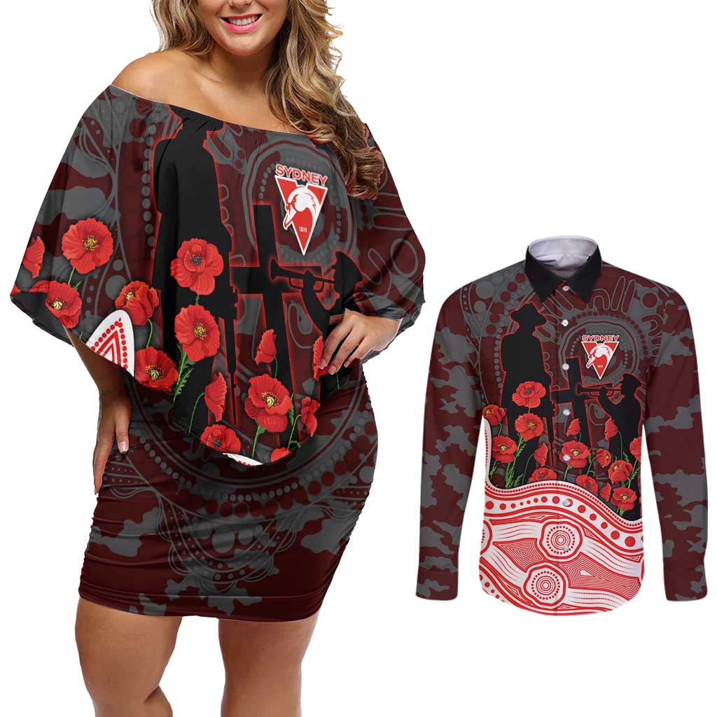 Sydney Swans ANZAC Day Couples Matching Off Shoulder Short Dress and Long Sleeve Button Shirt Indigenous Dot Art with Poppy Flower Tribute