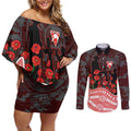 Sydney Swans ANZAC Day Couples Matching Off Shoulder Short Dress and Long Sleeve Button Shirt Indigenous Dot Art with Poppy Flower Tribute