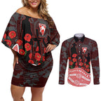 Sydney Swans ANZAC Day Couples Matching Off Shoulder Short Dress and Long Sleeve Button Shirt Indigenous Dot Art with Poppy Flower Tribute