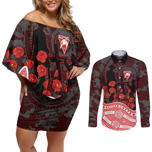 Sydney Swans ANZAC Day Couples Matching Off Shoulder Short Dress and Long Sleeve Button Shirt Indigenous Dot Art with Poppy Flower Tribute