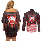 Sydney Swans ANZAC Day Couples Matching Off Shoulder Short Dress and Long Sleeve Button Shirt Indigenous Dot Art with Poppy Flower Tribute