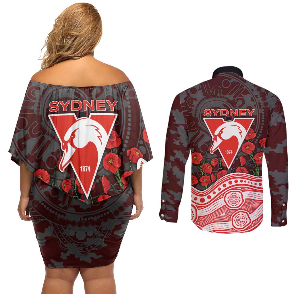 Sydney Swans ANZAC Day Couples Matching Off Shoulder Short Dress and Long Sleeve Button Shirt Indigenous Dot Art with Poppy Flower Tribute