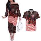 Sydney Swans ANZAC Day Couples Matching Off The Shoulder Long Sleeve Dress and Hawaiian Shirt Indigenous Dot Art with Poppy Flower Tribute