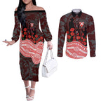 Sydney Swans ANZAC Day Couples Matching Off The Shoulder Long Sleeve Dress and Long Sleeve Button Shirt Indigenous Dot Art with Poppy Flower Tribute