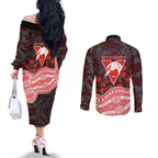 Sydney Swans ANZAC Day Couples Matching Off The Shoulder Long Sleeve Dress and Long Sleeve Button Shirt Indigenous Dot Art with Poppy Flower Tribute