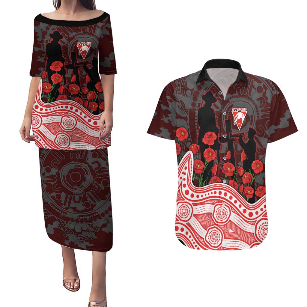 Sydney Swans ANZAC Day Couples Matching Puletasi and Hawaiian Shirt Indigenous Dot Art with Poppy Flower Tribute