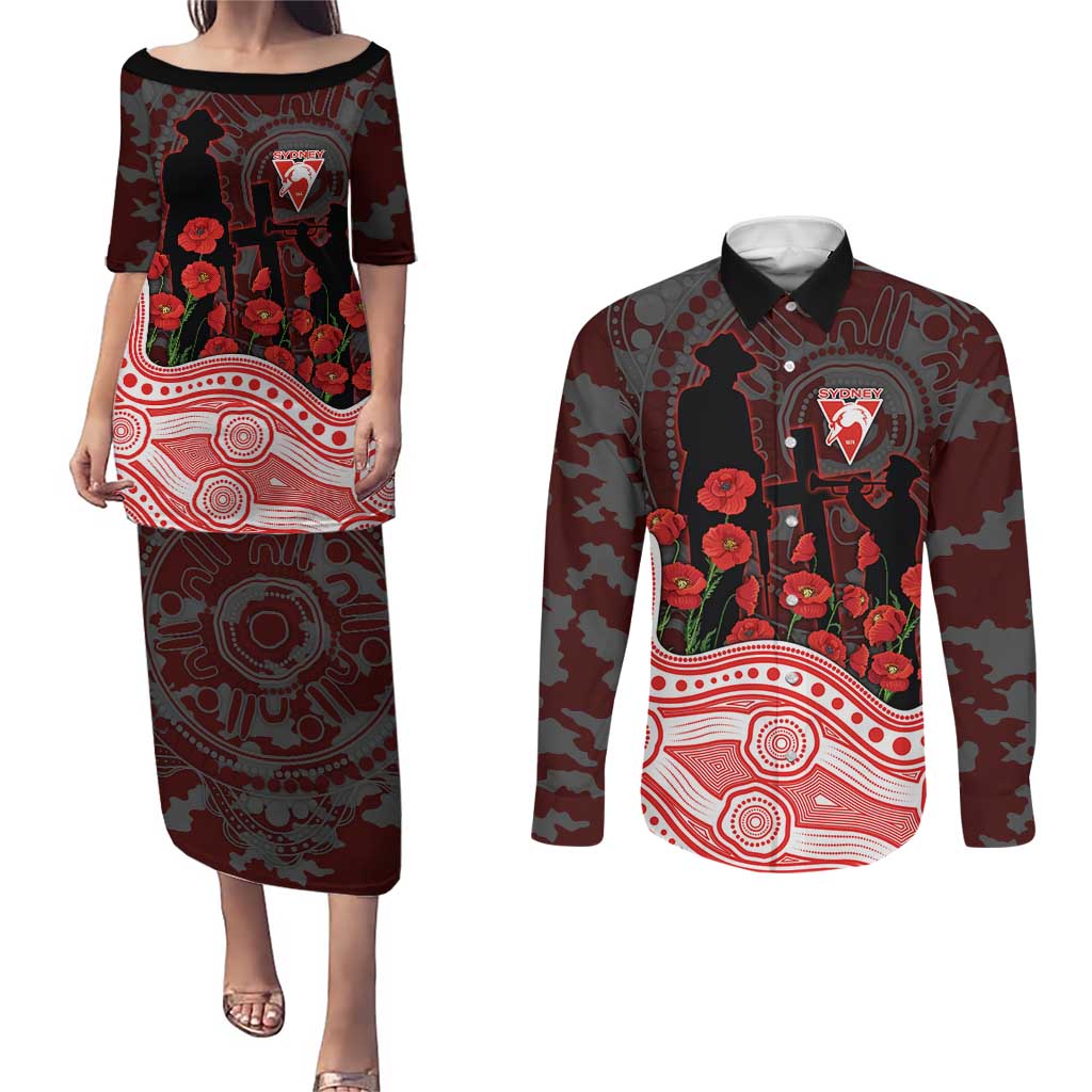 Sydney Swans ANZAC Day Couples Matching Puletasi and Long Sleeve Button Shirt Indigenous Dot Art with Poppy Flower Tribute