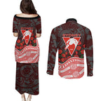 Sydney Swans ANZAC Day Couples Matching Puletasi and Long Sleeve Button Shirt Indigenous Dot Art with Poppy Flower Tribute