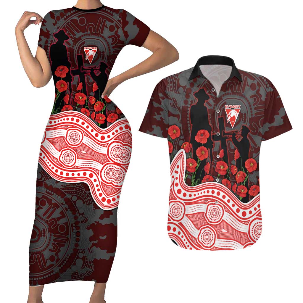 Sydney Swans ANZAC Day Couples Matching Short Sleeve Bodycon Dress and Hawaiian Shirt Indigenous Dot Art with Poppy Flower Tribute