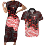 Sydney Swans ANZAC Day Couples Matching Short Sleeve Bodycon Dress and Hawaiian Shirt Indigenous Dot Art with Poppy Flower Tribute
