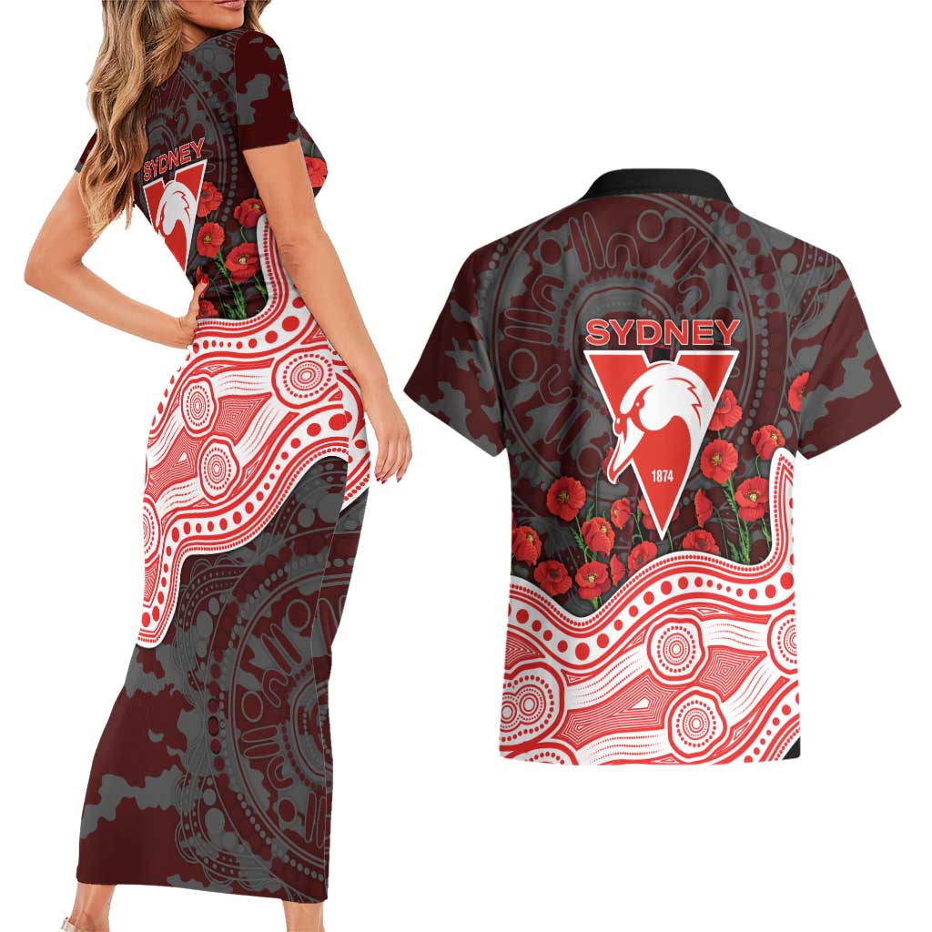 Sydney Swans ANZAC Day Couples Matching Short Sleeve Bodycon Dress and Hawaiian Shirt Indigenous Dot Art with Poppy Flower Tribute