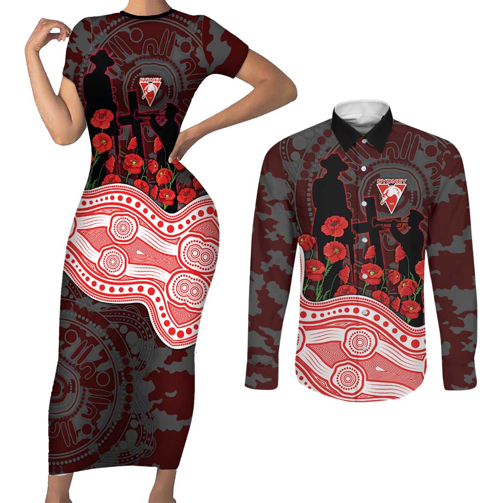 Sydney Swans ANZAC Day Couples Matching Short Sleeve Bodycon Dress and Long Sleeve Button Shirt Indigenous Dot Art with Poppy Flower Tribute