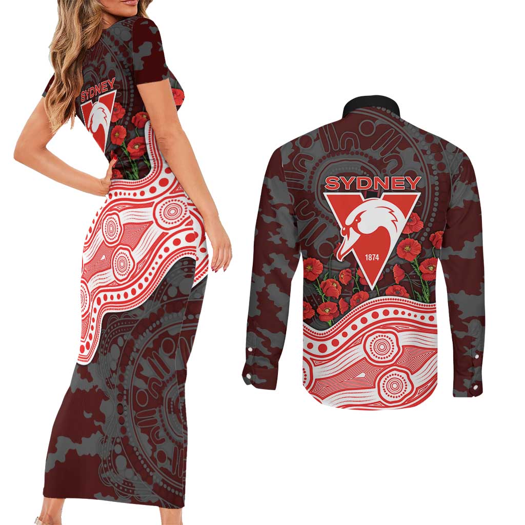 Sydney Swans ANZAC Day Couples Matching Short Sleeve Bodycon Dress and Long Sleeve Button Shirt Indigenous Dot Art with Poppy Flower Tribute