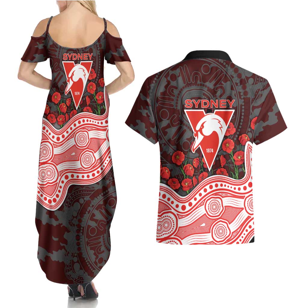 Sydney Swans ANZAC Day Couples Matching Summer Maxi Dress and Hawaiian Shirt Indigenous Dot Art with Poppy Flower Tribute