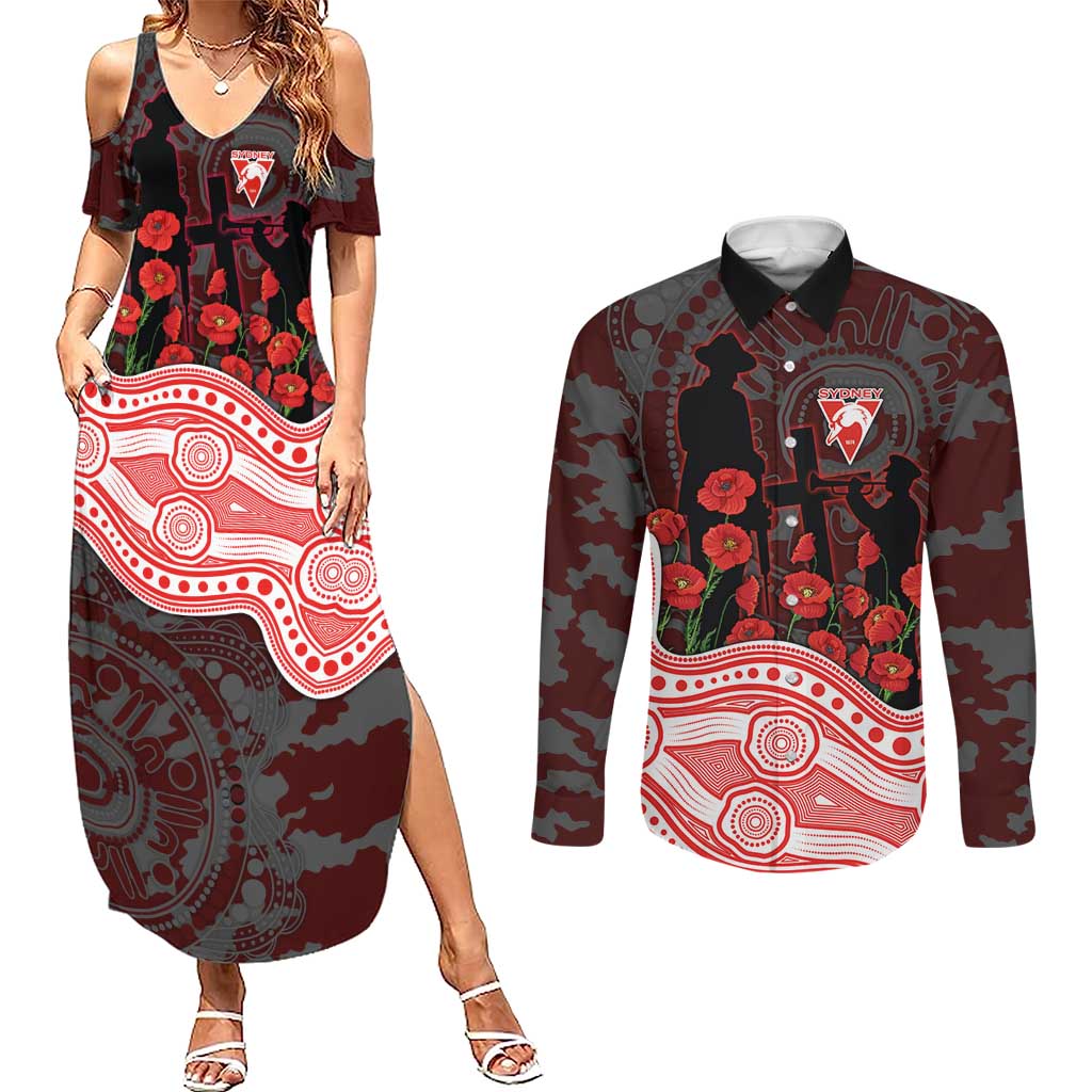 Sydney Swans ANZAC Day Couples Matching Summer Maxi Dress and Long Sleeve Button Shirt Indigenous Dot Art with Poppy Flower Tribute