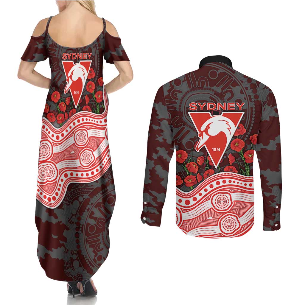 Sydney Swans ANZAC Day Couples Matching Summer Maxi Dress and Long Sleeve Button Shirt Indigenous Dot Art with Poppy Flower Tribute