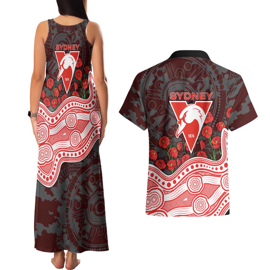 Sydney Swans ANZAC Day Couples Matching Tank Maxi Dress and Hawaiian Shirt Indigenous Dot Art with Poppy Flower Tribute