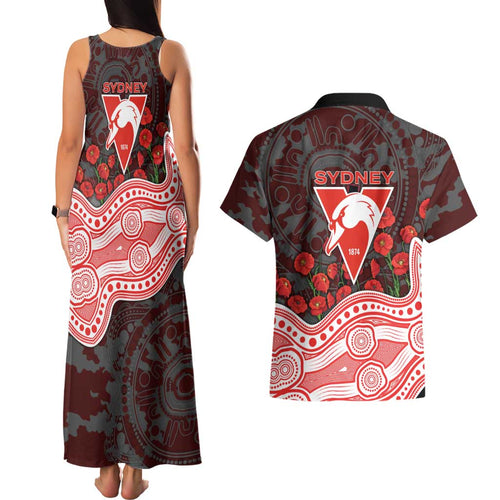 Sydney Swans ANZAC Day Couples Matching Tank Maxi Dress and Hawaiian Shirt Indigenous Dot Art with Poppy Flower Tribute