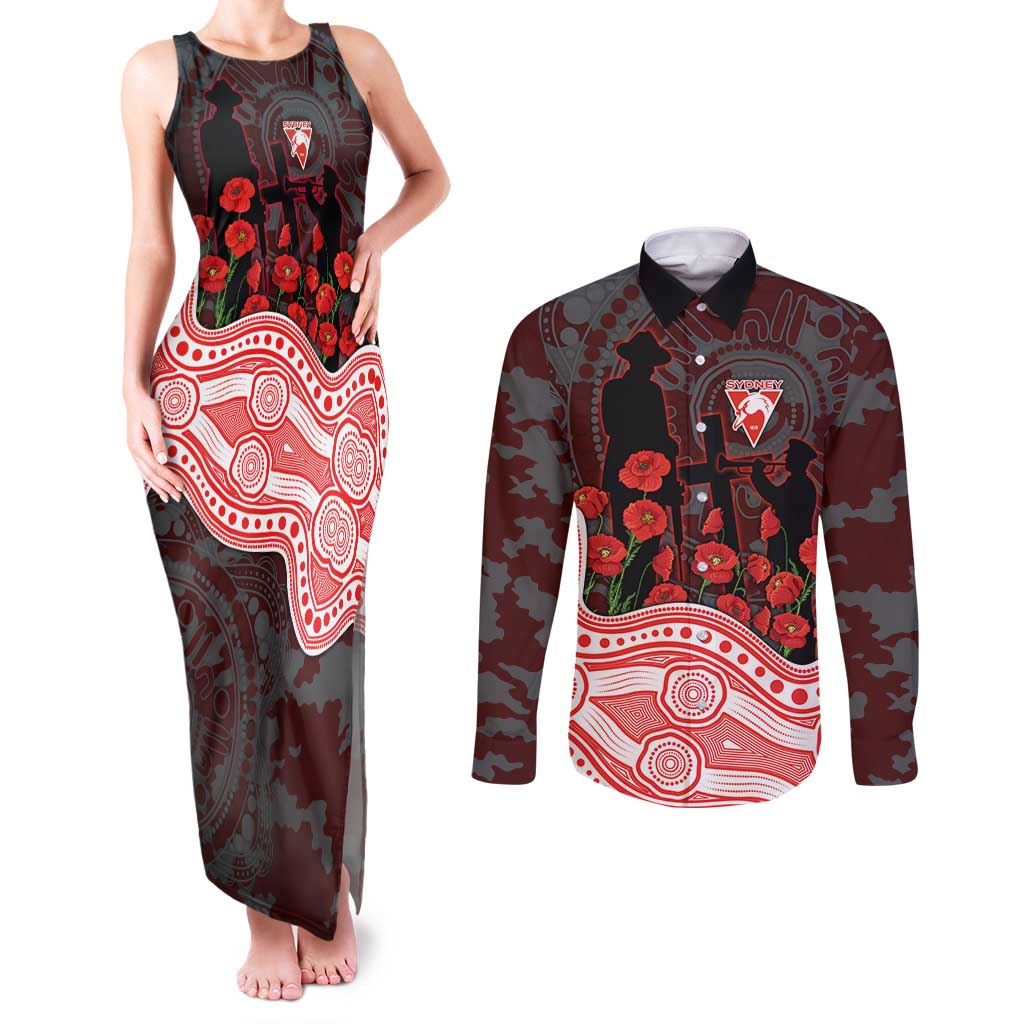 Sydney Swans ANZAC Day Couples Matching Tank Maxi Dress and Long Sleeve Button Shirt Indigenous Dot Art with Poppy Flower Tribute