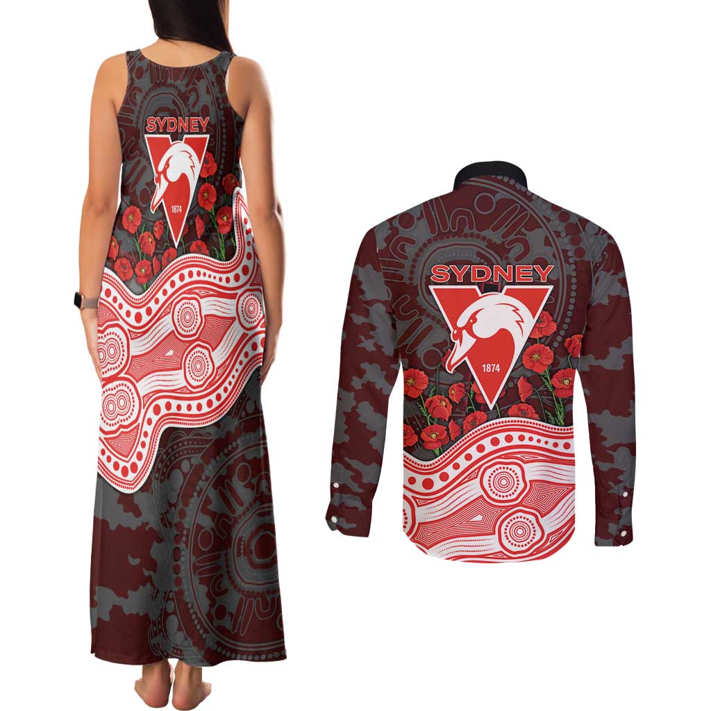 Sydney Swans ANZAC Day Couples Matching Tank Maxi Dress and Long Sleeve Button Shirt Indigenous Dot Art with Poppy Flower Tribute