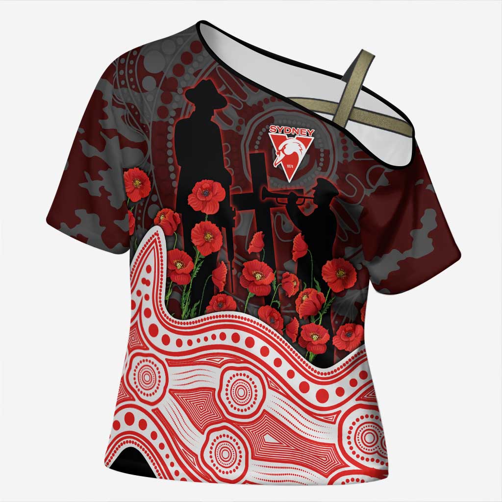 Sydney Swans ANZAC Day Cross Shoulder Shirt Indigenous Dot Art with Poppy Flower Tribute