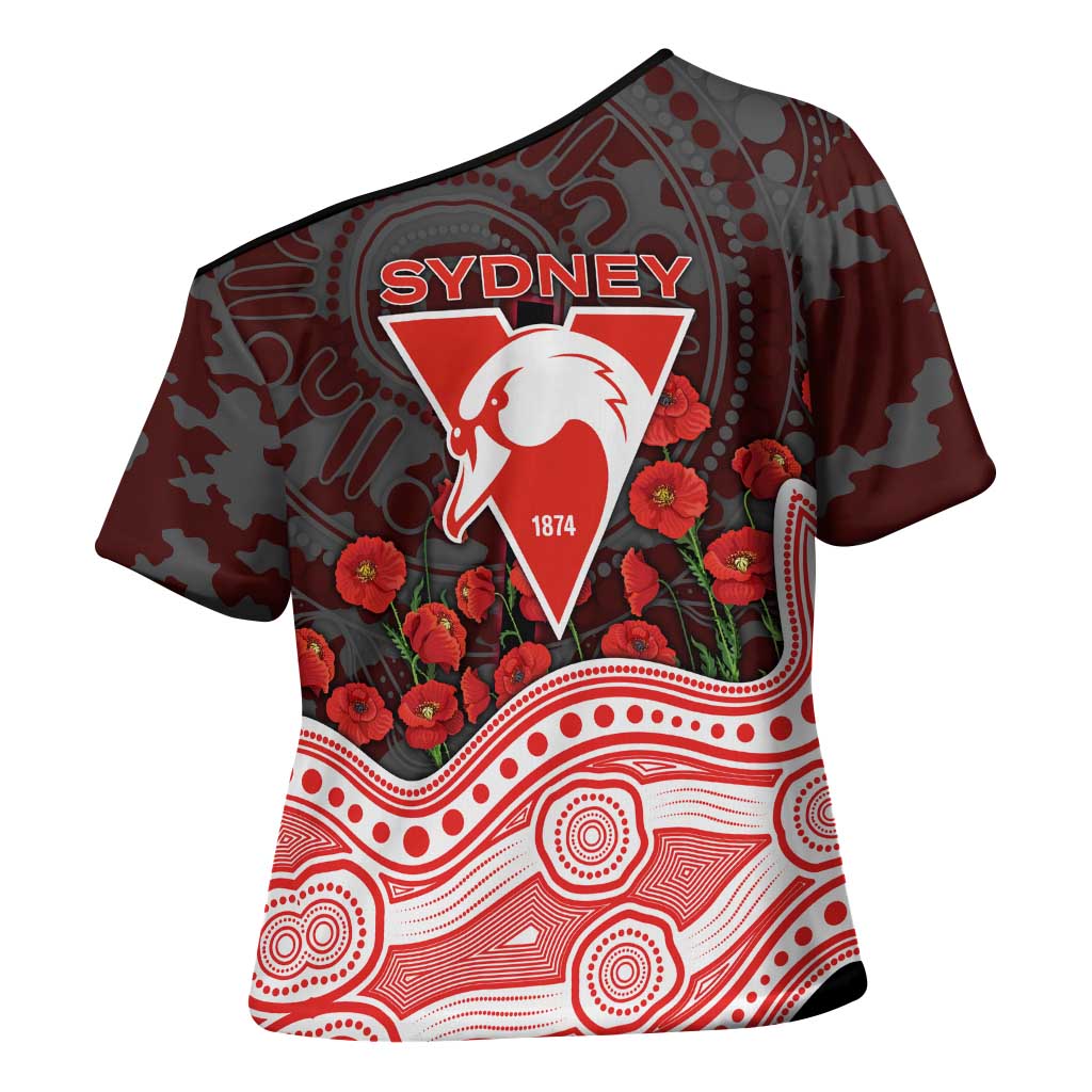 Sydney Swans ANZAC Day Cross Shoulder Shirt Indigenous Dot Art with Poppy Flower Tribute