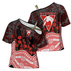 Sydney Swans ANZAC Day Cross Shoulder Shirt Indigenous Dot Art with Poppy Flower Tribute