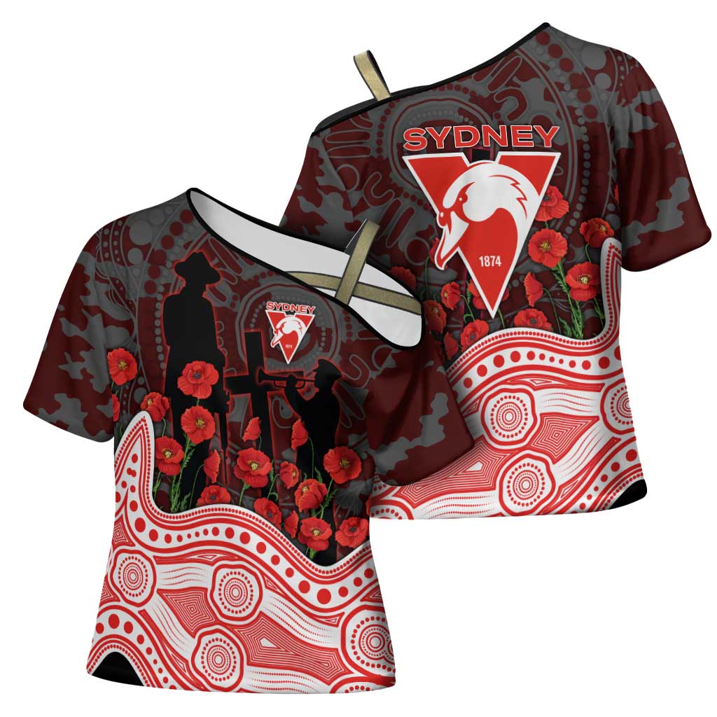 Sydney Swans ANZAC Day Cross Shoulder Shirt Indigenous Dot Art with Poppy Flower Tribute