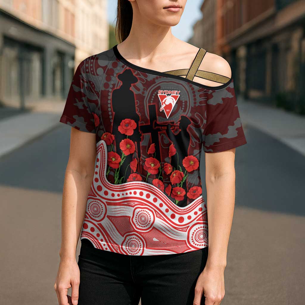 Sydney Swans ANZAC Day Cross Shoulder Shirt Indigenous Dot Art with Poppy Flower Tribute