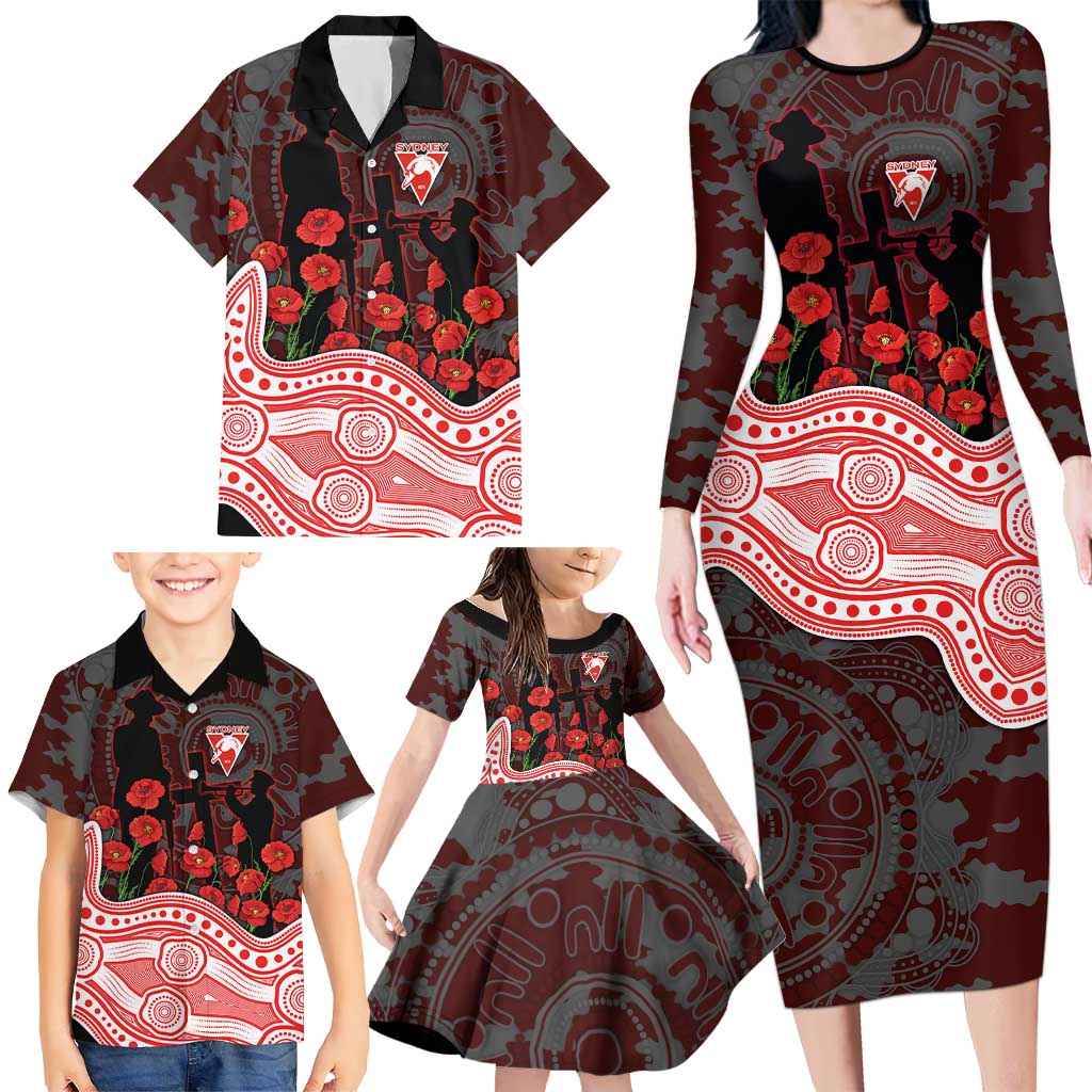Sydney Swans ANZAC Day Family Matching Long Sleeve Bodycon Dress and Hawaiian Shirt Indigenous Dot Art with Poppy Flower Tribute