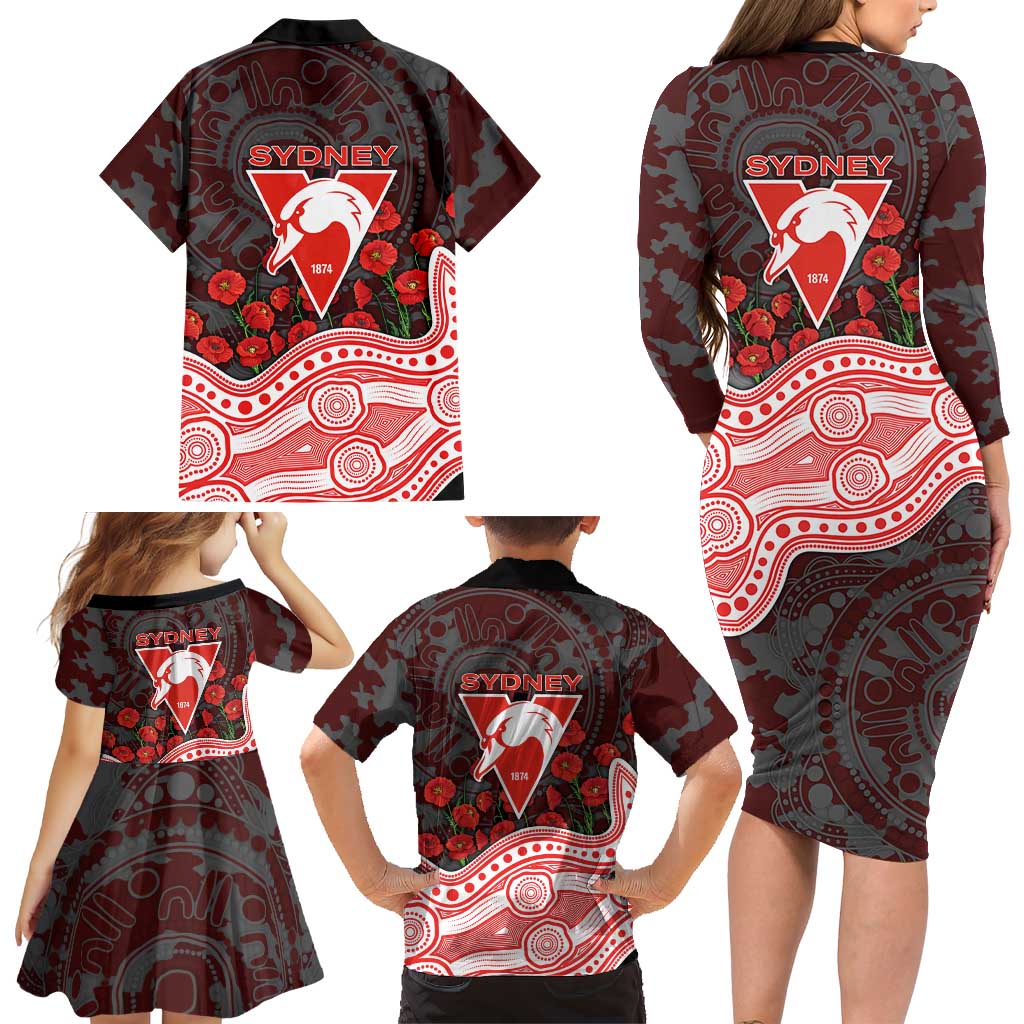 Sydney Swans ANZAC Day Family Matching Long Sleeve Bodycon Dress and Hawaiian Shirt Indigenous Dot Art with Poppy Flower Tribute