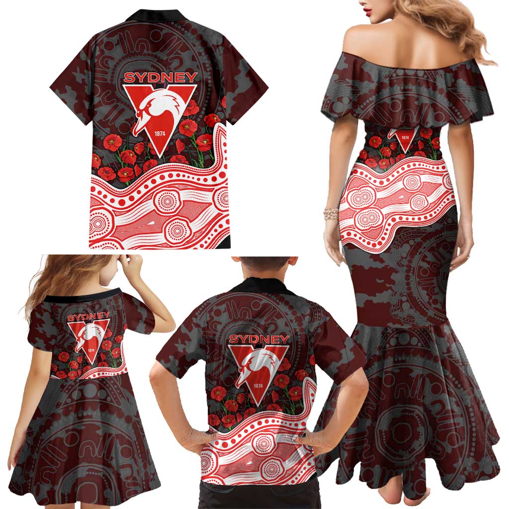 Sydney Swans ANZAC Day Family Matching Mermaid Dress and Hawaiian Shirt Indigenous Dot Art with Poppy Flower Tribute