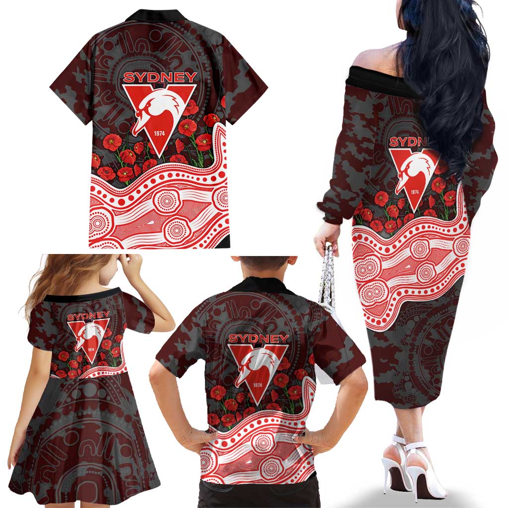 Sydney Swans ANZAC Day Family Matching Off The Shoulder Long Sleeve Dress and Hawaiian Shirt Indigenous Dot Art with Poppy Flower Tribute