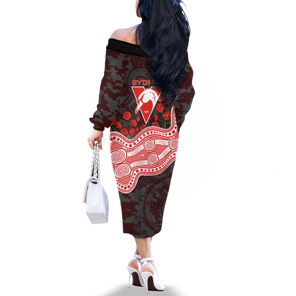 Sydney Swans ANZAC Day Family Matching Off The Shoulder Long Sleeve Dress and Hawaiian Shirt Indigenous Dot Art with Poppy Flower Tribute