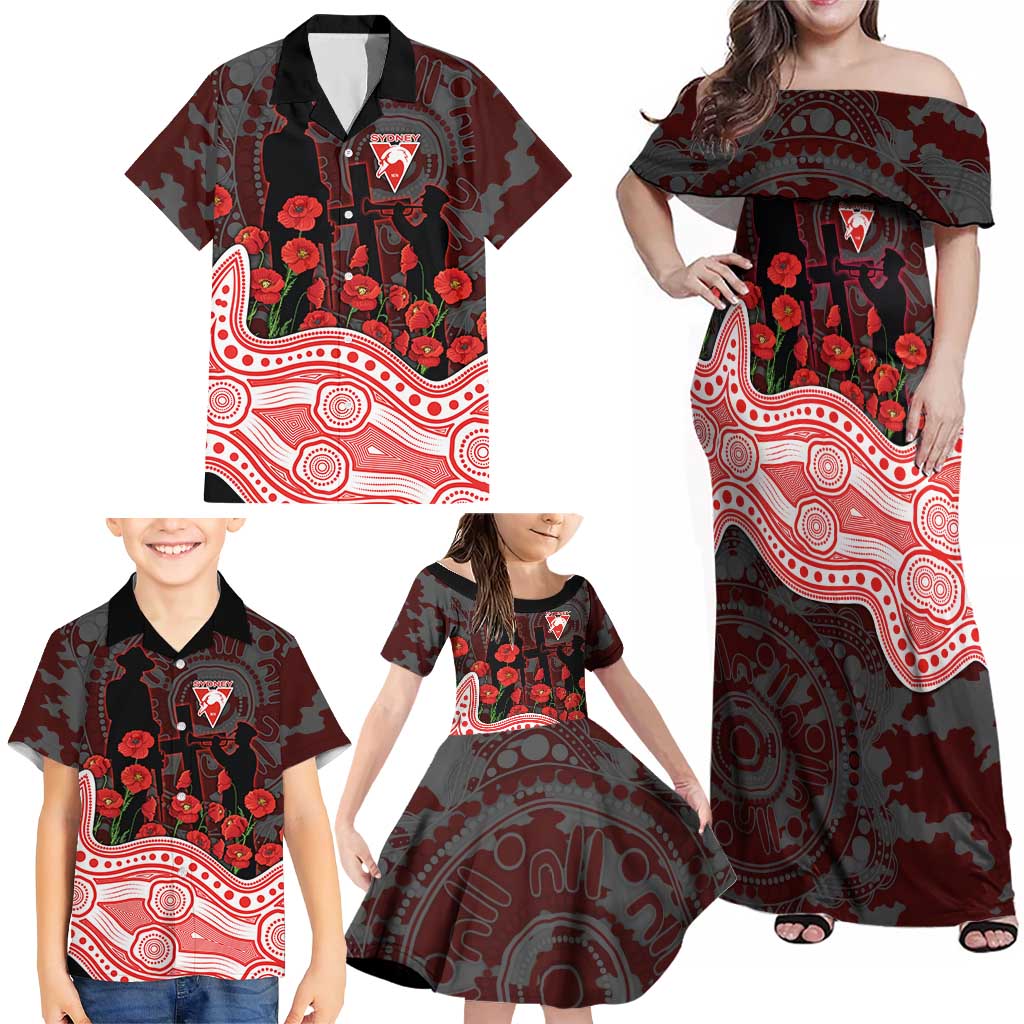 Sydney Swans ANZAC Day Family Matching Off Shoulder Maxi Dress and Hawaiian Shirt Indigenous Dot Art with Poppy Flower Tribute