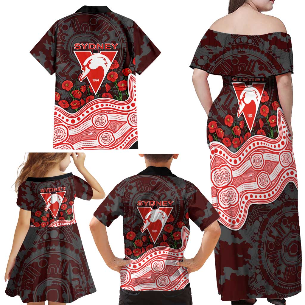 Sydney Swans ANZAC Day Family Matching Off Shoulder Maxi Dress and Hawaiian Shirt Indigenous Dot Art with Poppy Flower Tribute