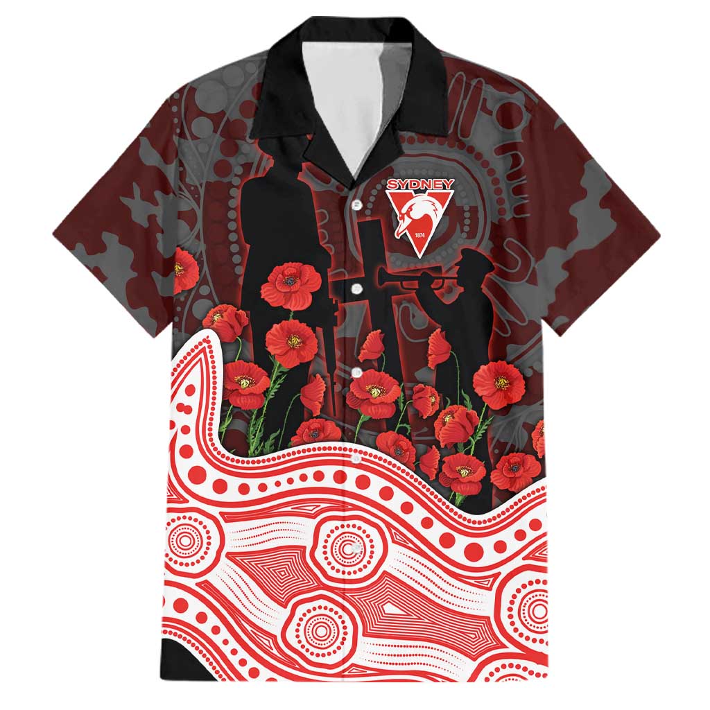 Sydney Swans ANZAC Day Family Matching Off Shoulder Maxi Dress and Hawaiian Shirt Indigenous Dot Art with Poppy Flower Tribute