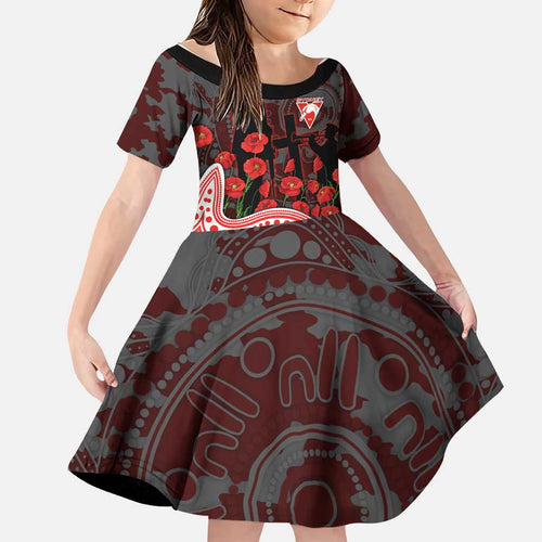 Sydney Swans ANZAC Day Family Matching Off Shoulder Short Dress and Hawaiian Shirt Indigenous Dot Art with Poppy Flower Tribute