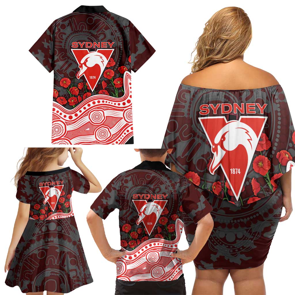 Sydney Swans ANZAC Day Family Matching Off Shoulder Short Dress and Hawaiian Shirt Indigenous Dot Art with Poppy Flower Tribute