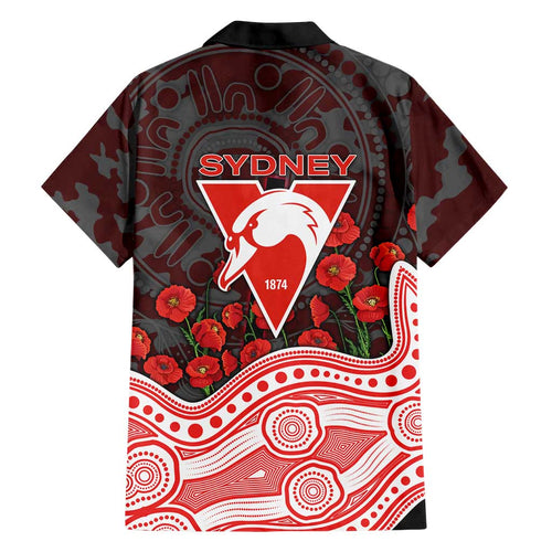 Sydney Swans ANZAC Day Family Matching Off Shoulder Short Dress and Hawaiian Shirt Indigenous Dot Art with Poppy Flower Tribute