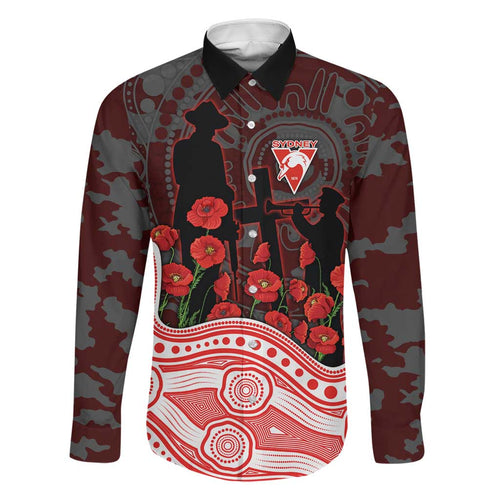 Sydney Swans ANZAC Day Family Matching Off Shoulder Short Dress and Hawaiian Shirt Indigenous Dot Art with Poppy Flower Tribute