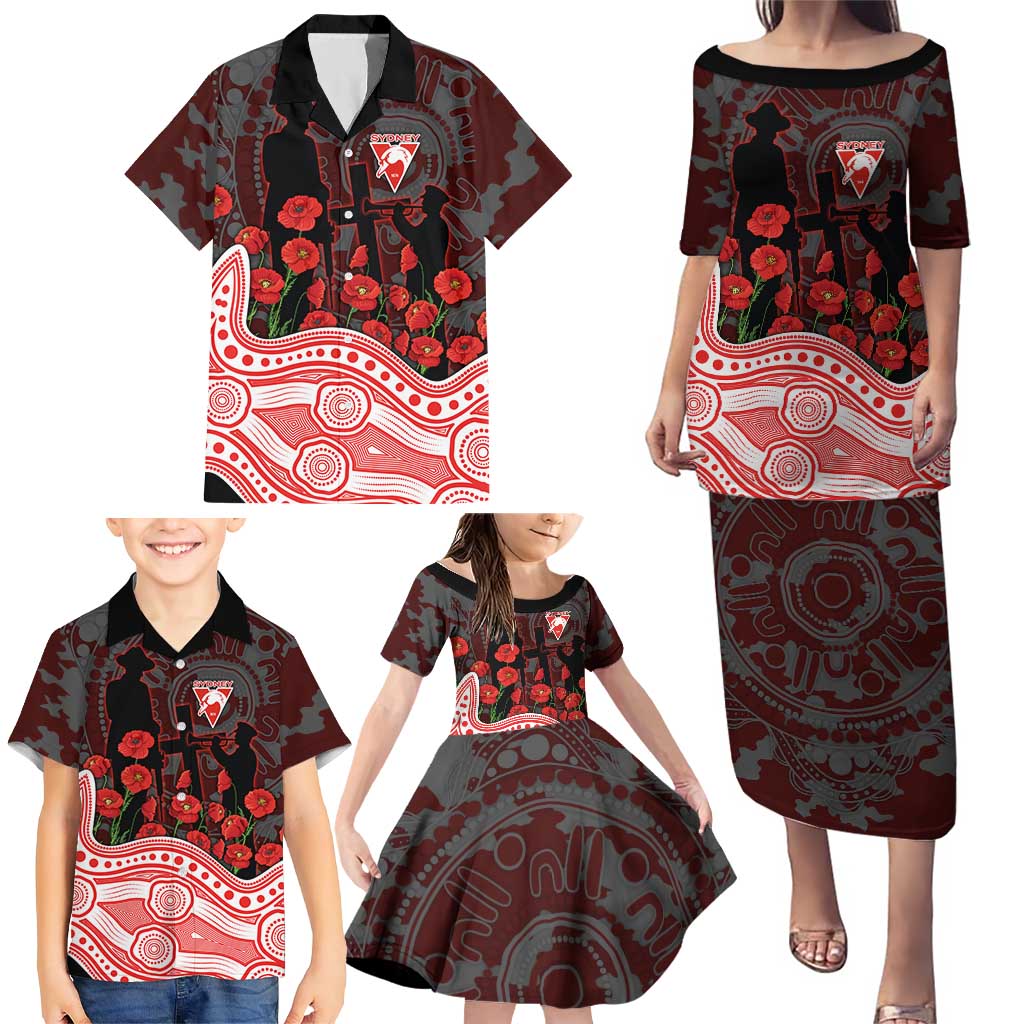 Sydney Swans ANZAC Day Family Matching Puletasi and Hawaiian Shirt Indigenous Dot Art with Poppy Flower Tribute